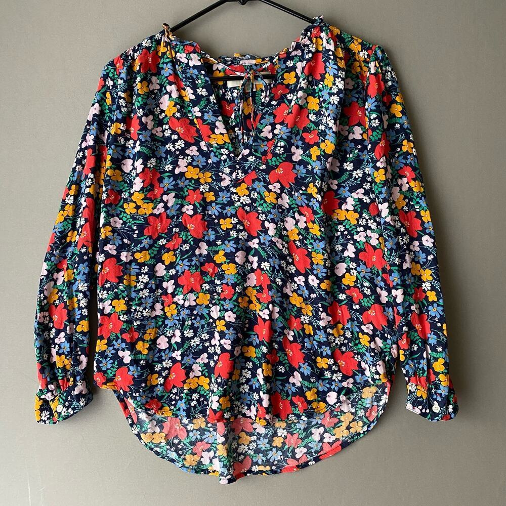 LOFT Rayon Boho Dainty Floral Print Long Sleeve‎ Blouse XS Navy Multi SEO Casual